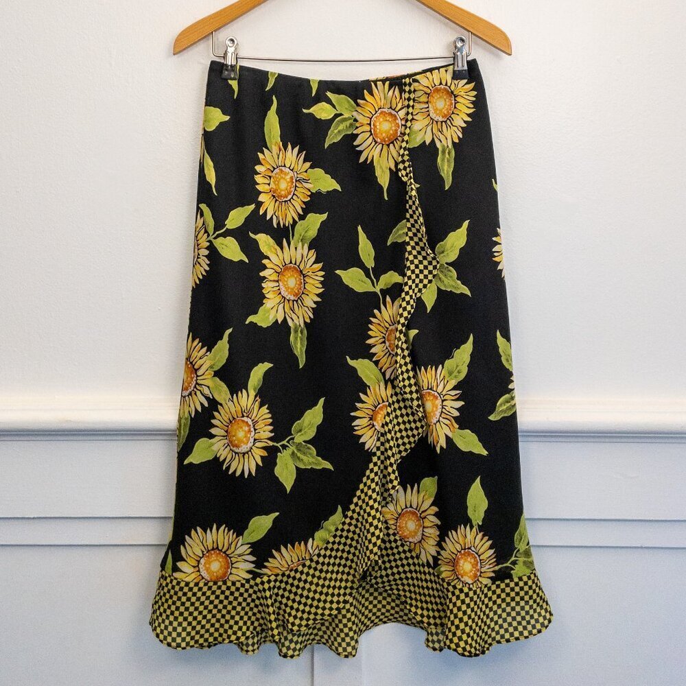 Nouveaux Sunflower Print Wrap Skirt w/ Checkered Ruffle – Size 8